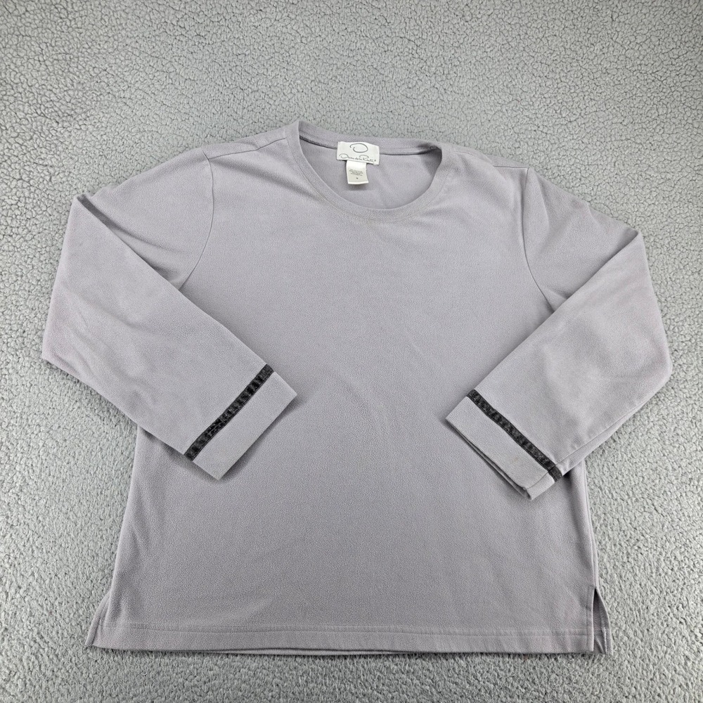 Oscar de la Renta Pullover Top Womens Medium Gray Microfleece Velvet Trim Lounge
